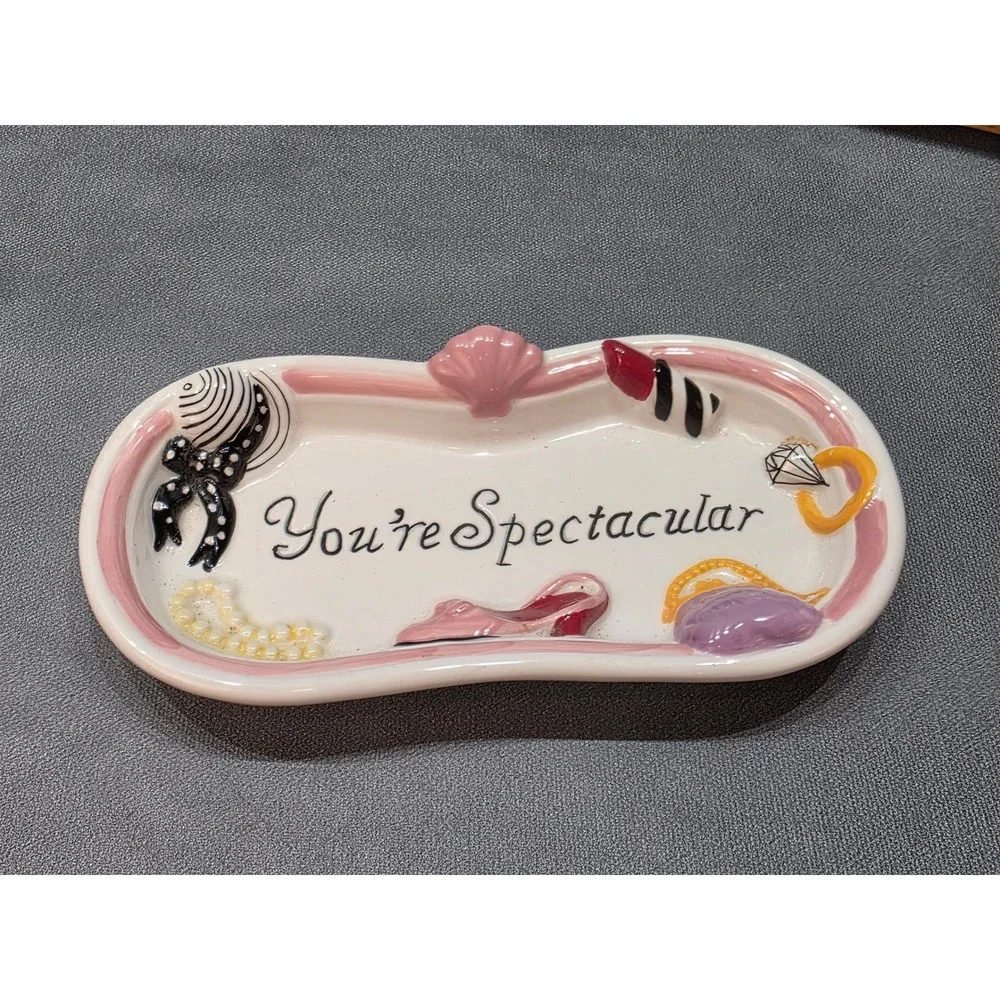 Vintage Ceramic You're Spectacular Vanity‎ Trinket Tray Jewelry Dish Pink White